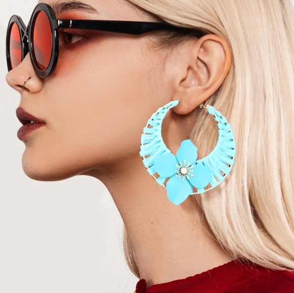 Floral Raffia Wrap Hoop Earrings NWT - Picture 1 of 5